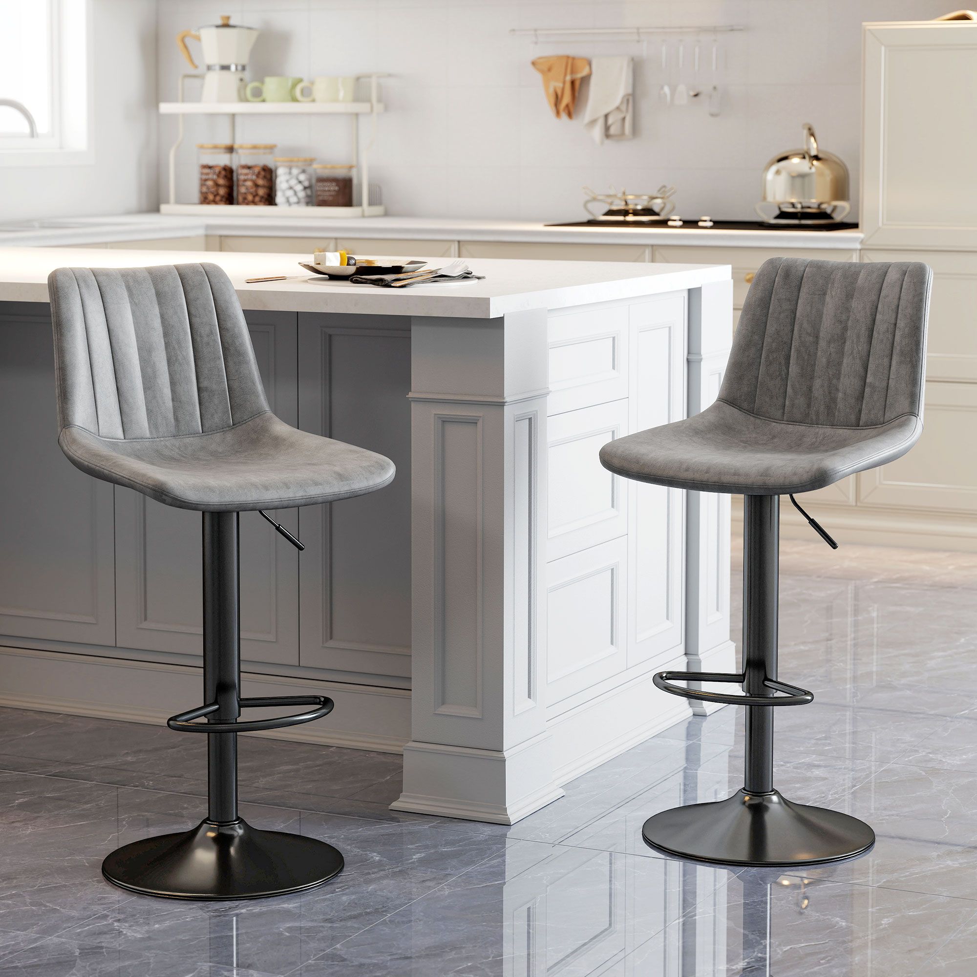 HOMCOM Of 2 Leathaire Tub Bar Stools w/ Metal Frame Footrest Home Seat in Grey