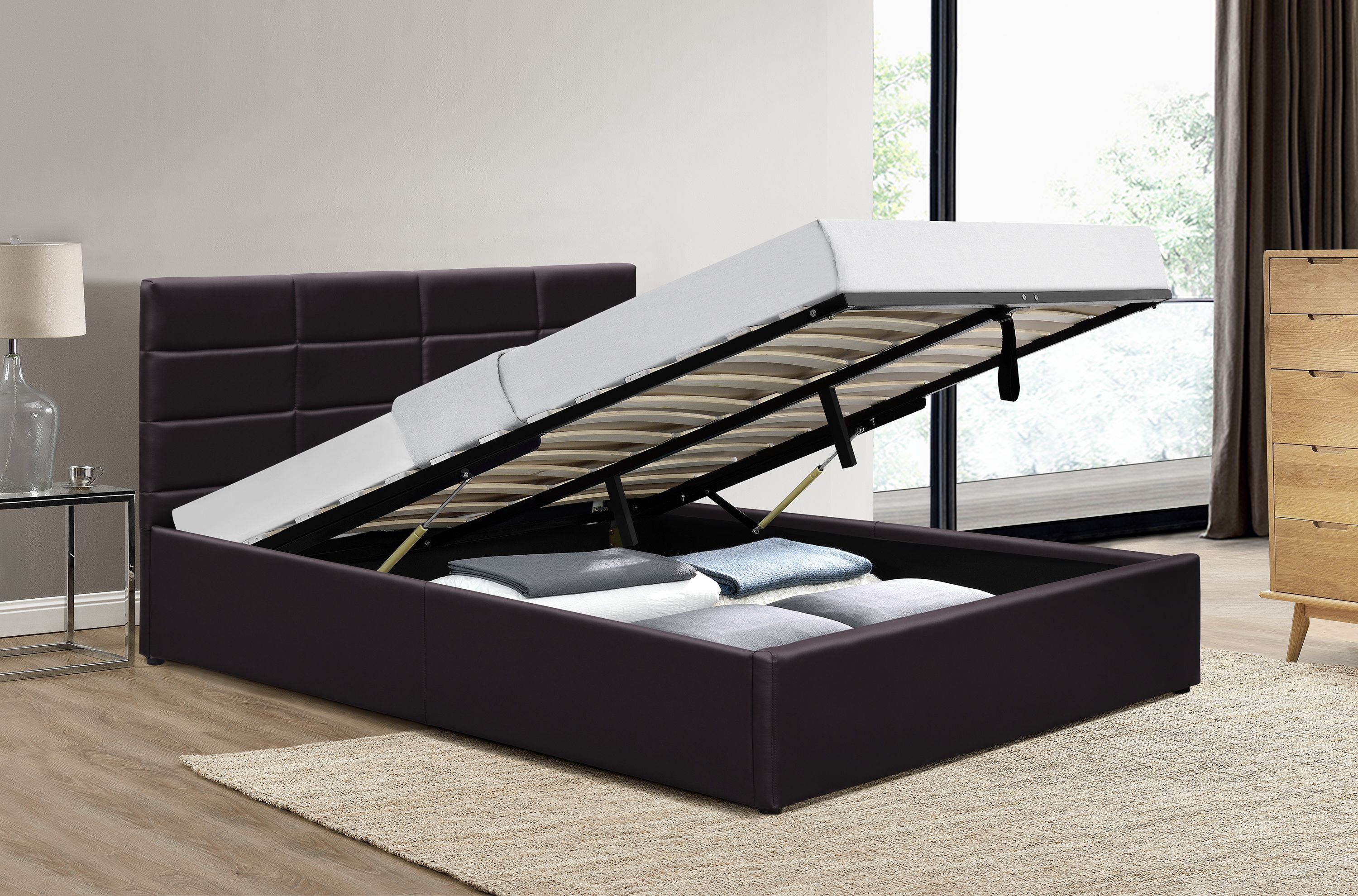 Comfy Living Ltd PU Faux Leather Gas Lift Ottoman Bedframe in Dark Brown