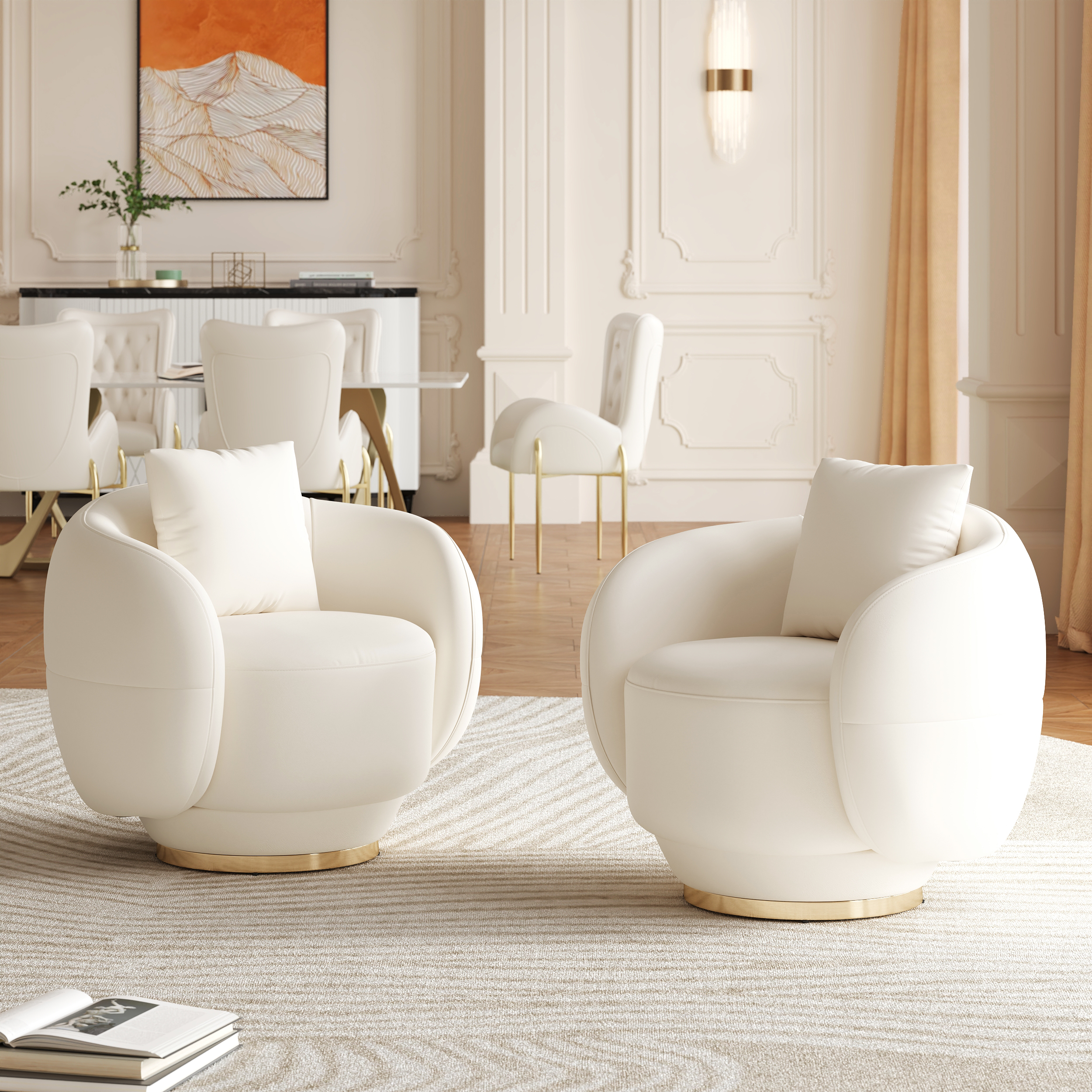 Swivel Barrel Accent Chair Faux Leather Armchair for Living Room in Warm White Set of 2