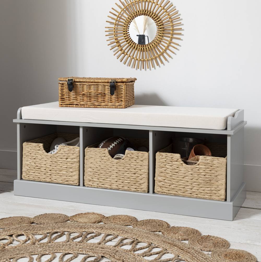 Nöa and Nani Stockholm Storage Bench with 3 Brown Baskets in Silk Grey