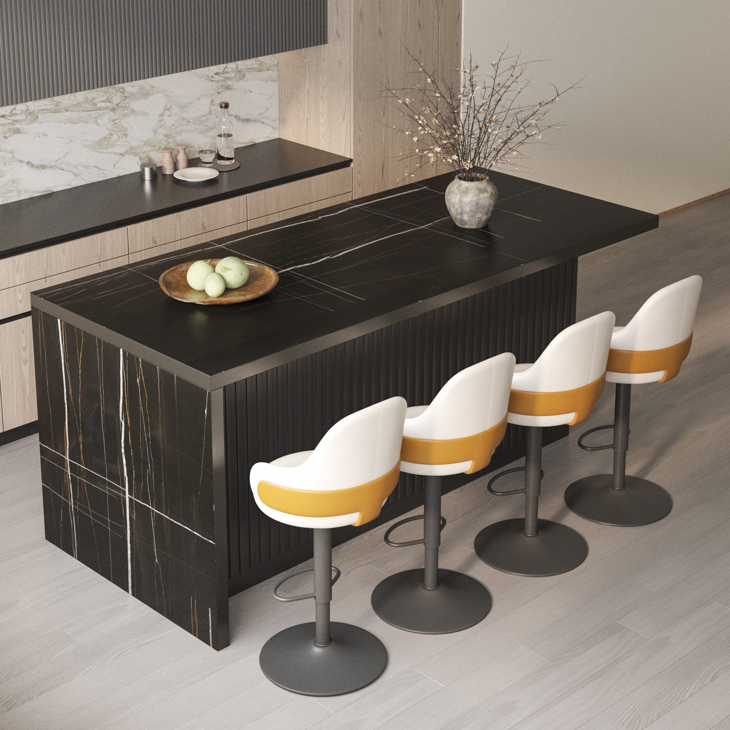 1830mm Black Kitchen Island & 4 Velvet Swivel Bar Stools with Curved Wing Back