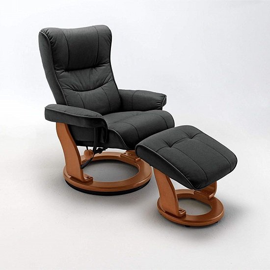 Gumala Recliner Leather Armchair In Black With Footstool