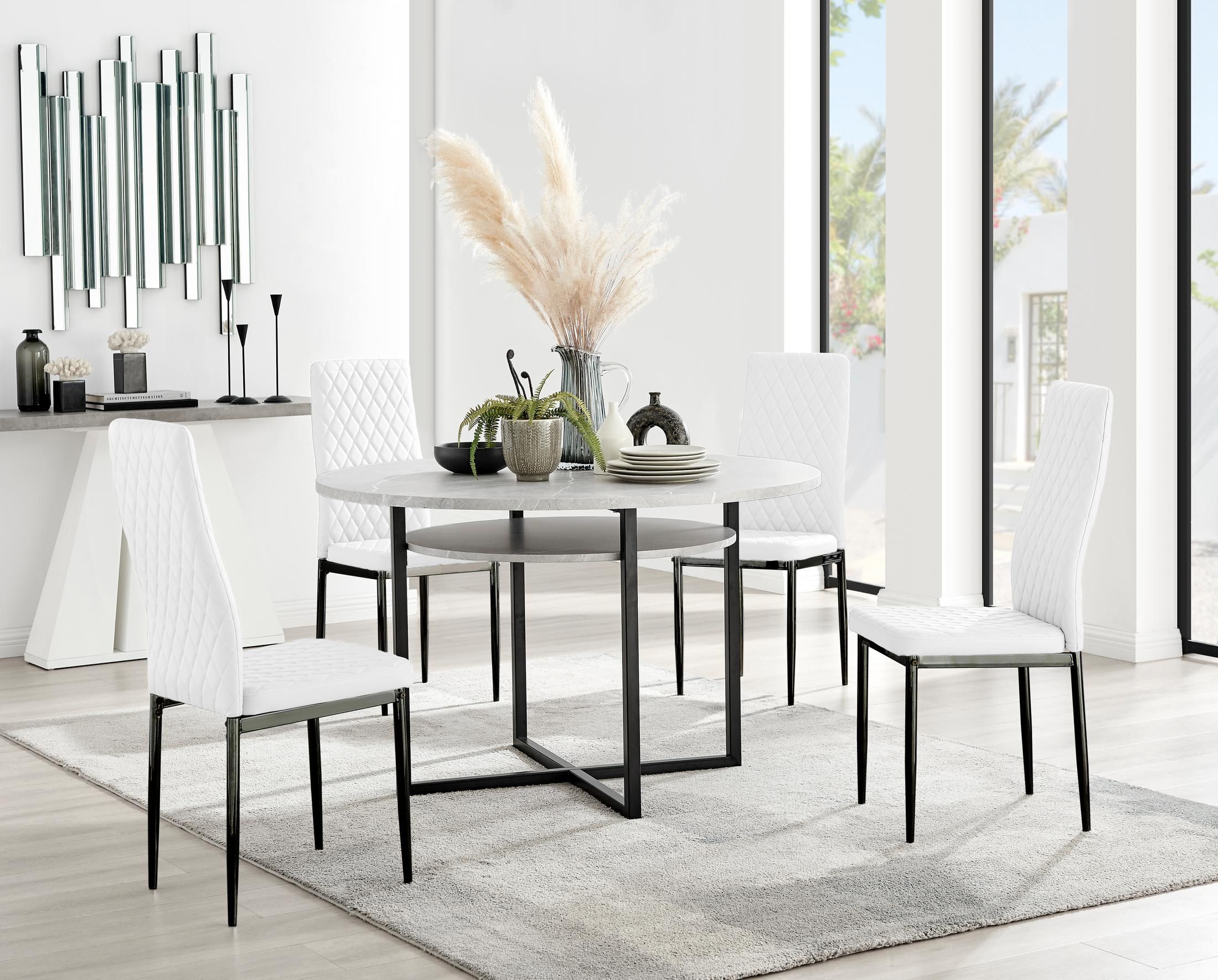 FurnitureboxUK Adley Grey Concrete Effect & Black Round Dining Table with Shelf & 4 Faux Leather Milan Dining Chairs in White