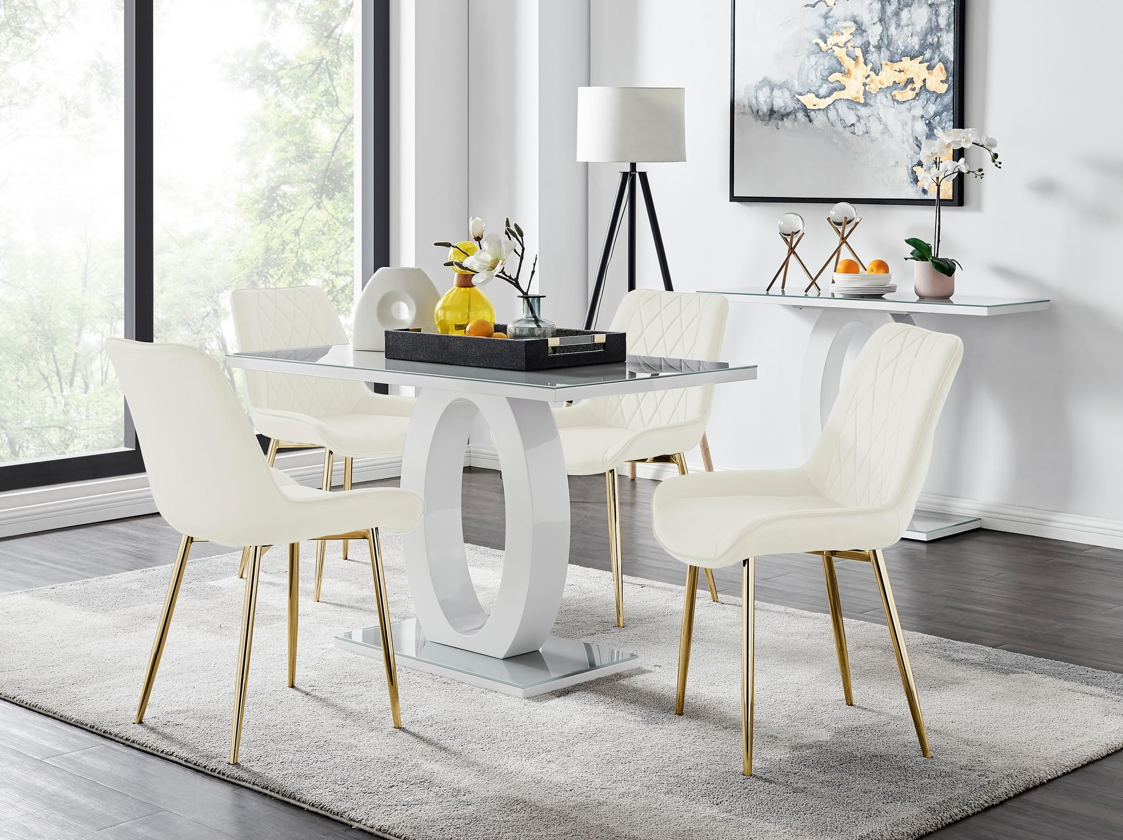 FurnitureboxUK Giovani 4 Grey Dining Table & 4 Pesaro Gold Leg Chairs in Cream
