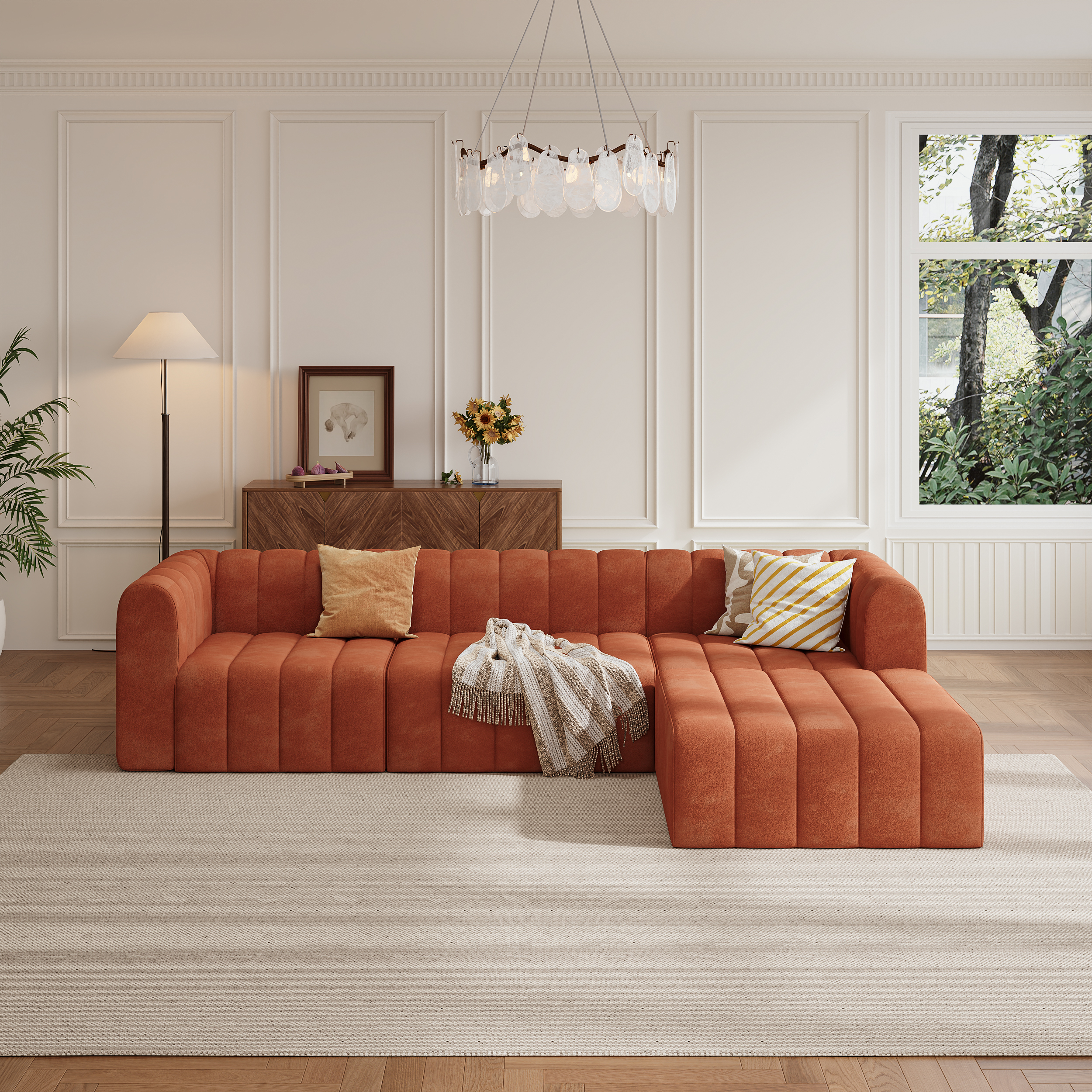 300 cm Modern Orange Velvet Modular Pit Sectional Sofa Set Convertible 4-Piece Upholstered