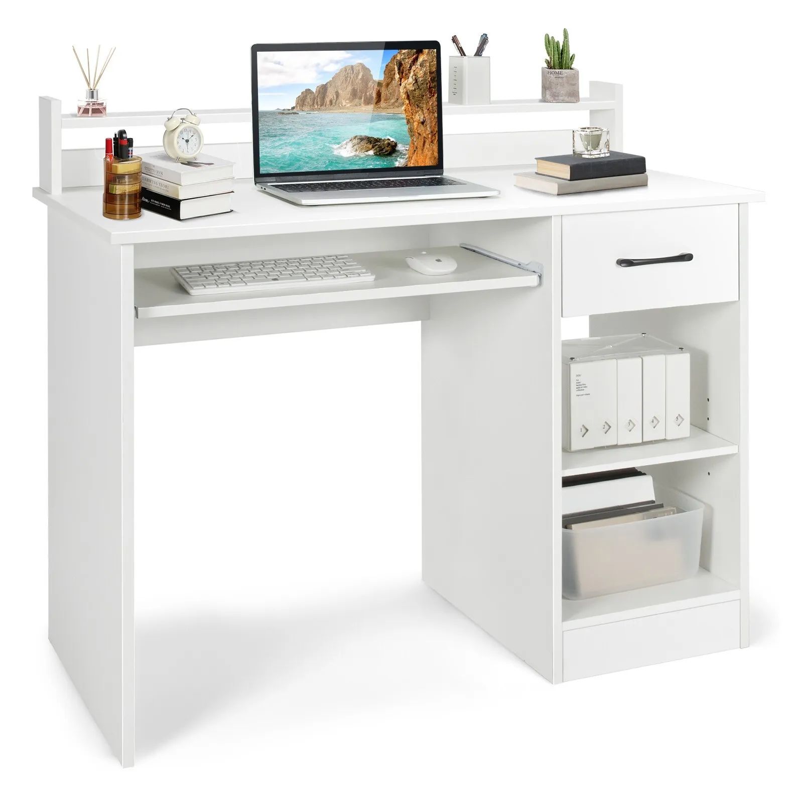 Costway Wooden Computer Desk W/ Keyboard Tray Home Office Writing Desk Vanity Dressing Table in White