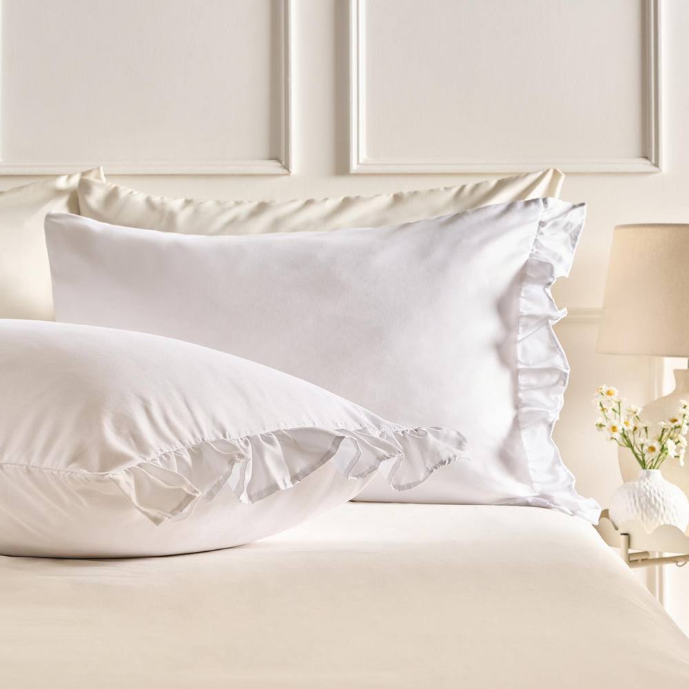 OHS 2 x Frill Edge Decor Pillowcases Microfibre Pillow Covers in White