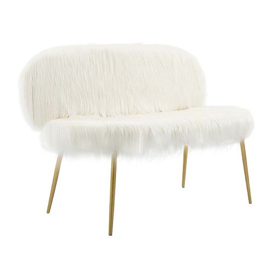 Merope Faux Fur Sofa In White With Gold Finish Metal Legs