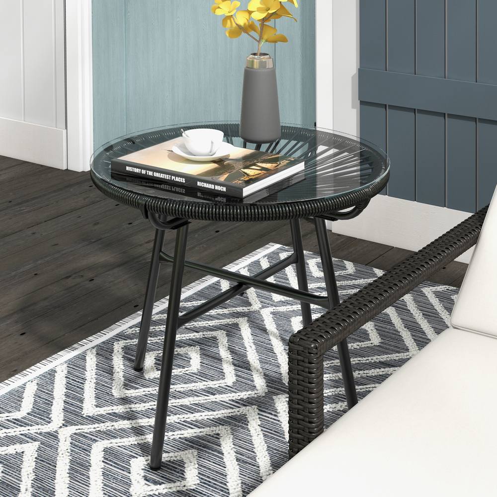 OUTSUNNY Rattan Side Table w/ Tempered Glass Tabletop, Black