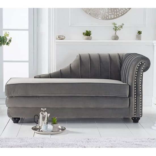 Laurn Velvet Right Facing Arm Lounge Chaise In Grey