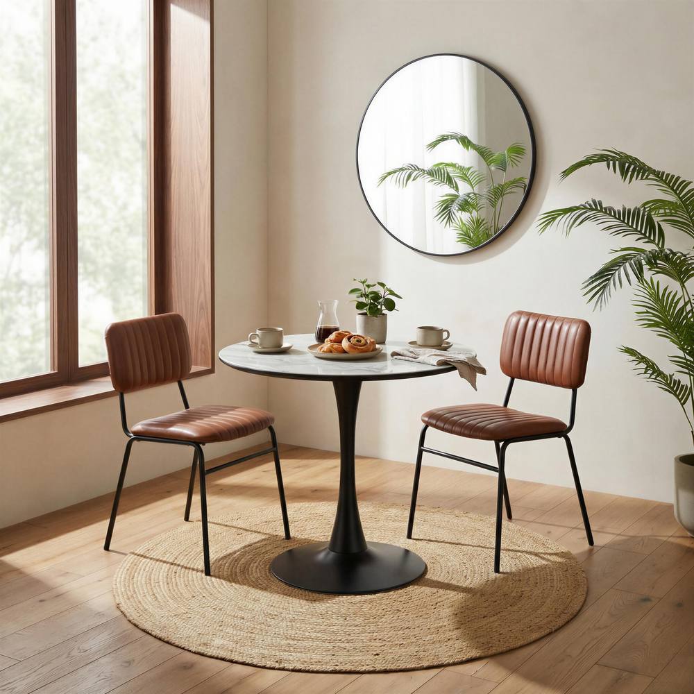 FurnitureboxUK Elina White Marble Effect Round Dining Table with 2 Tan Delta Chairs