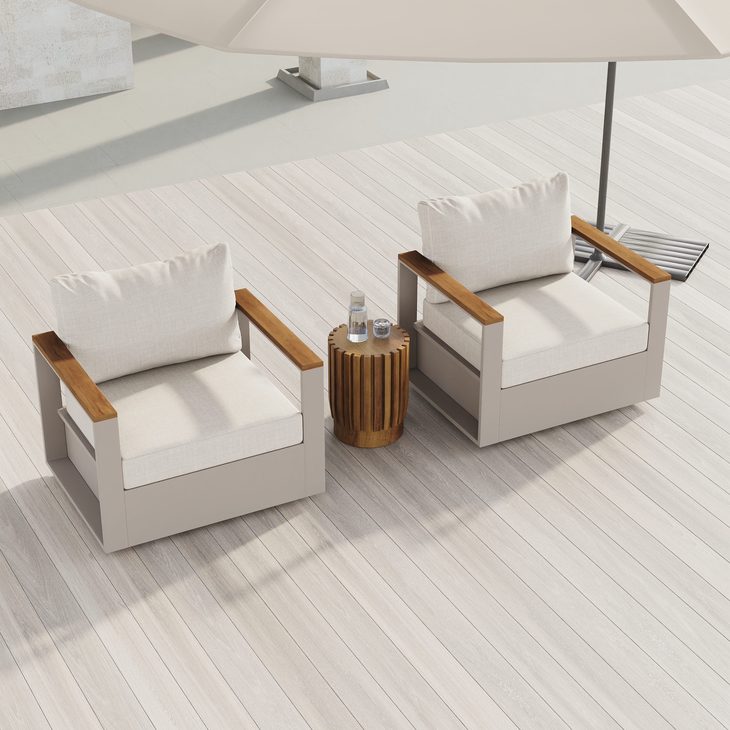Tevara Teak & Aluminium Garden Swivel Chair Modern Yard & Patio Furniture in Warm White Cushion Included Set of 2