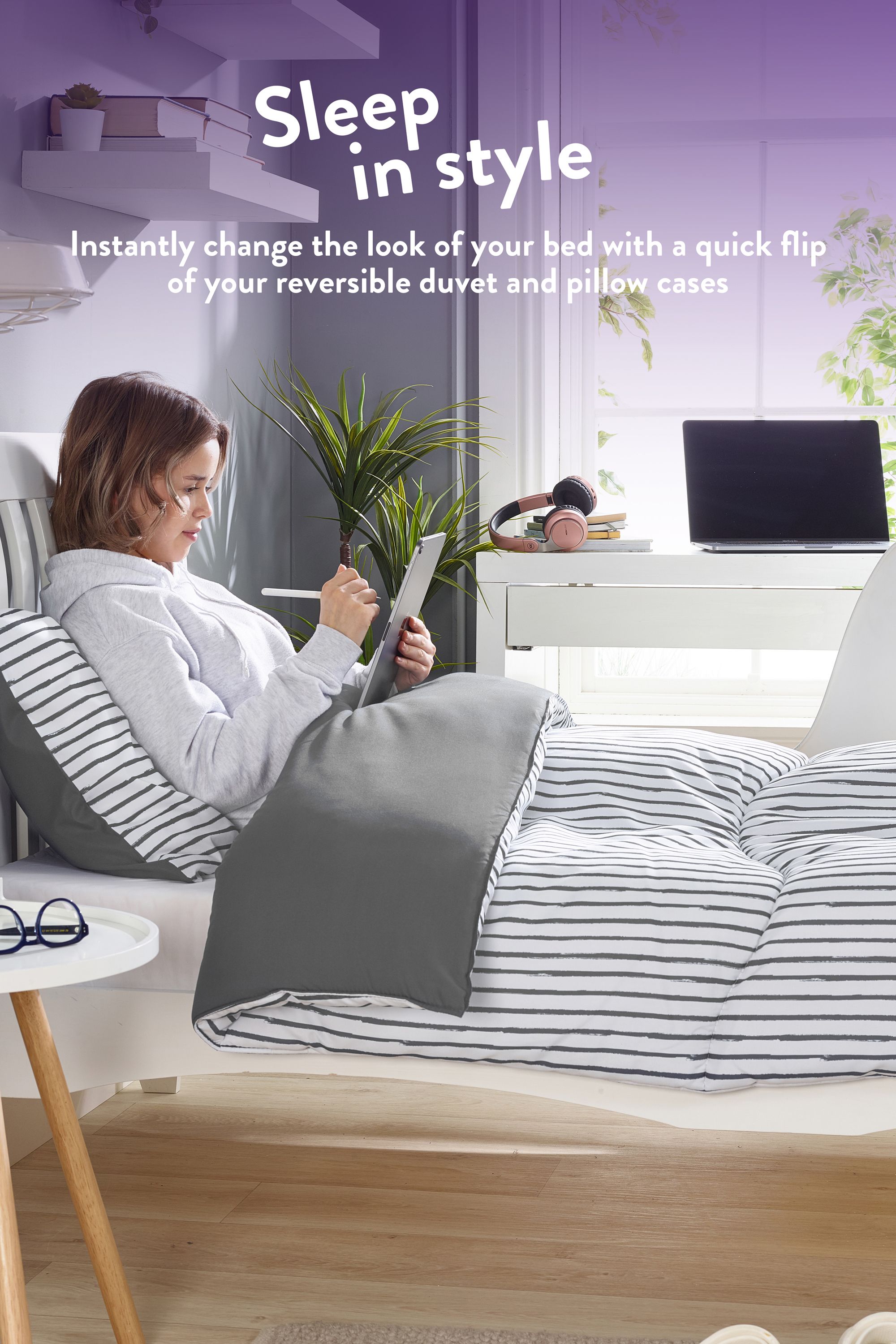 Slumberdown Back to Uni Printed Stripe Grey 10.5 Duvet, 2 Medium Pillows 5