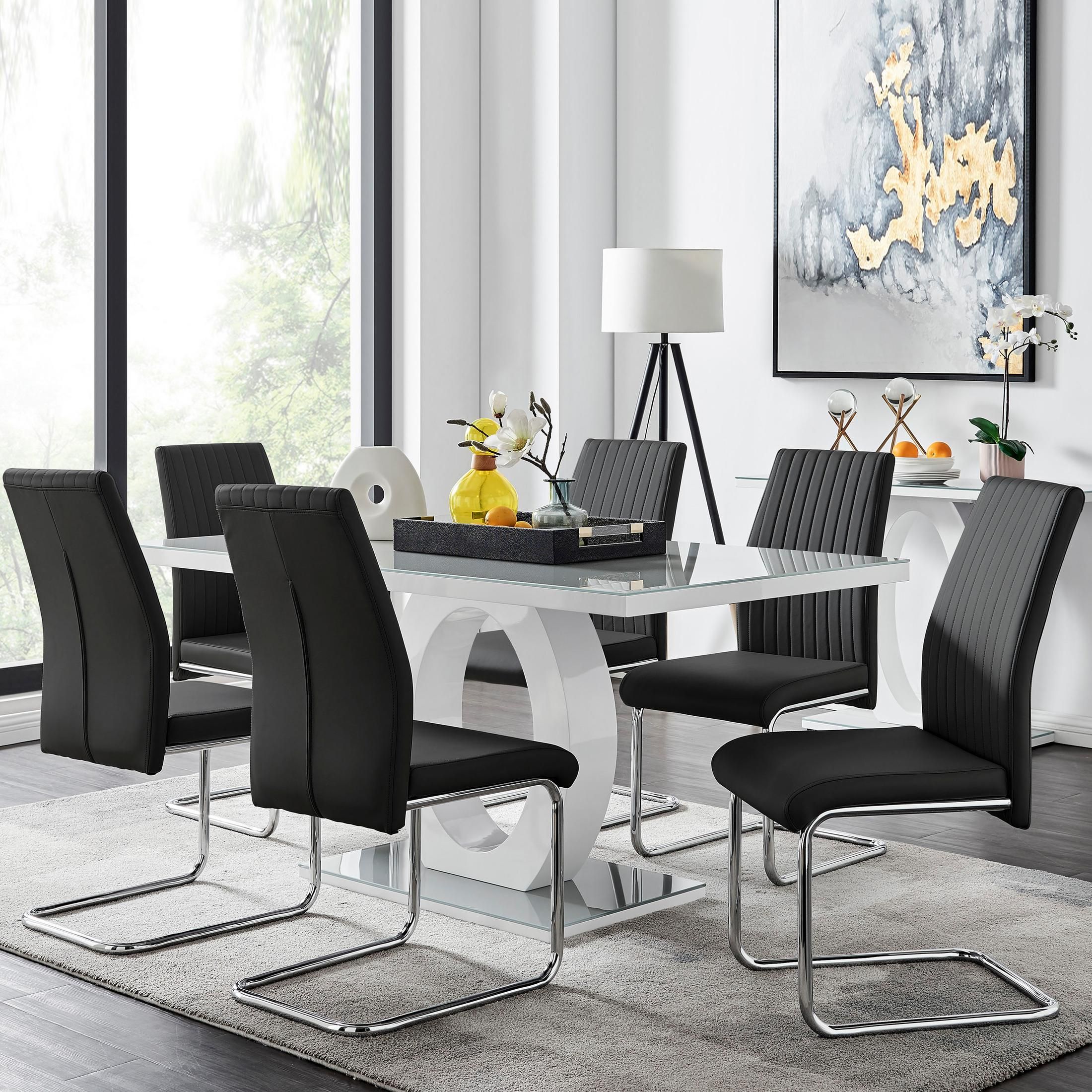 FurnitureboxUK Giovani 6-Seater Grey Glass Dining Table & 6 Lorenzo Faux Leather Dining Chairs in Black
