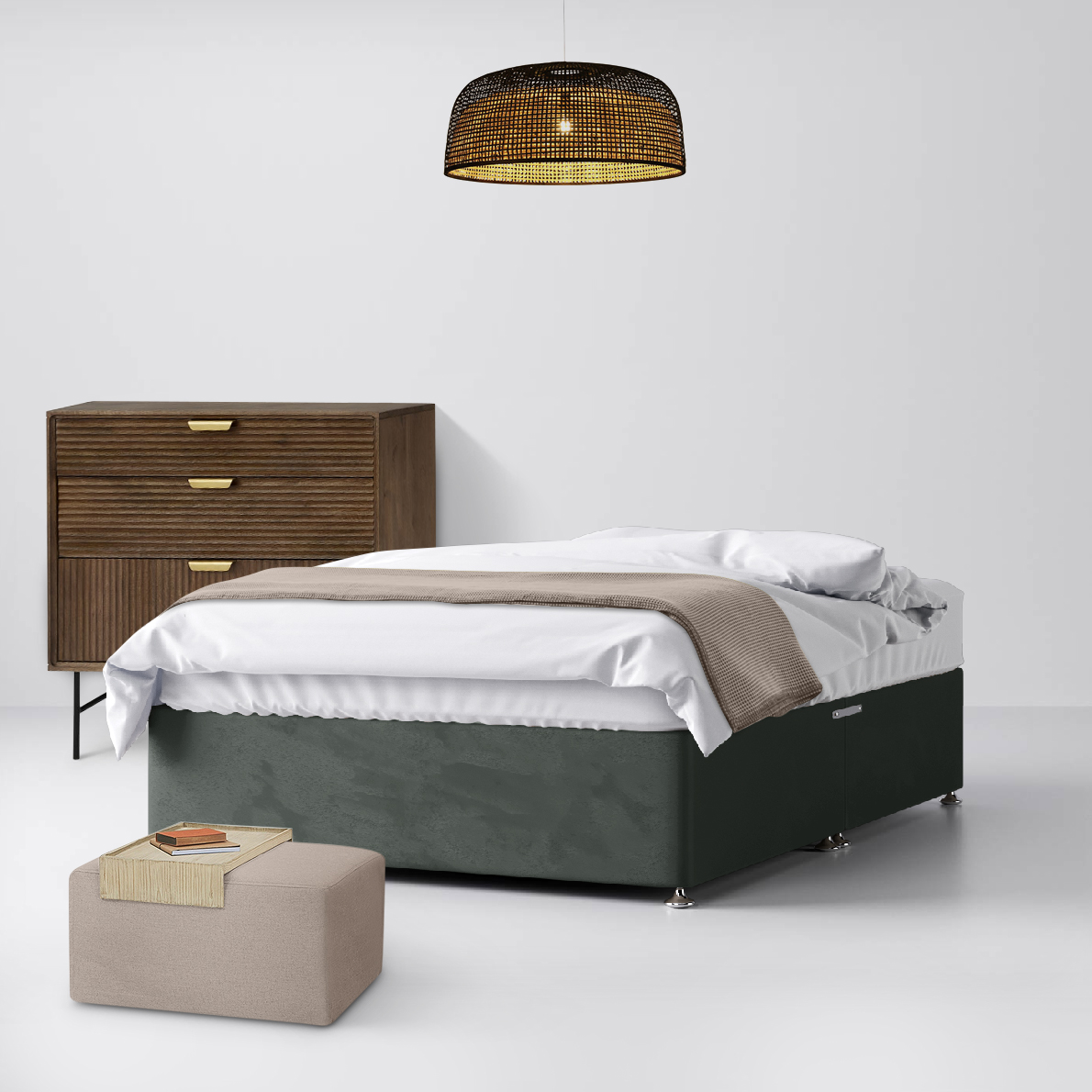 Classic Graphite Velvet Fabric No Drawer Divan Bed - 2ft6 Small Single