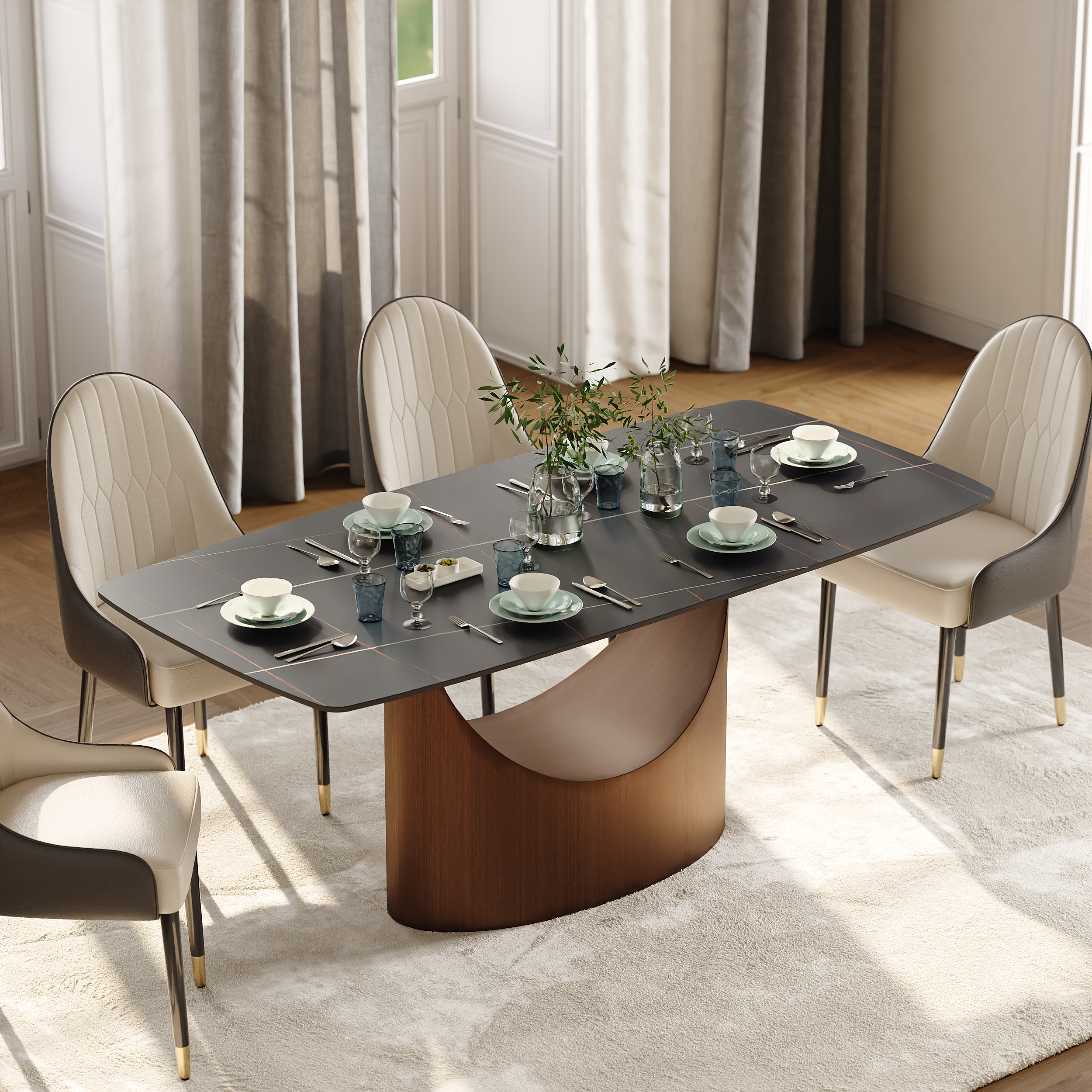 71" Rectangle Dining Table Faux Marble Top Antique Brass Pedestal for 8 Person Modern Black Villa Home Table