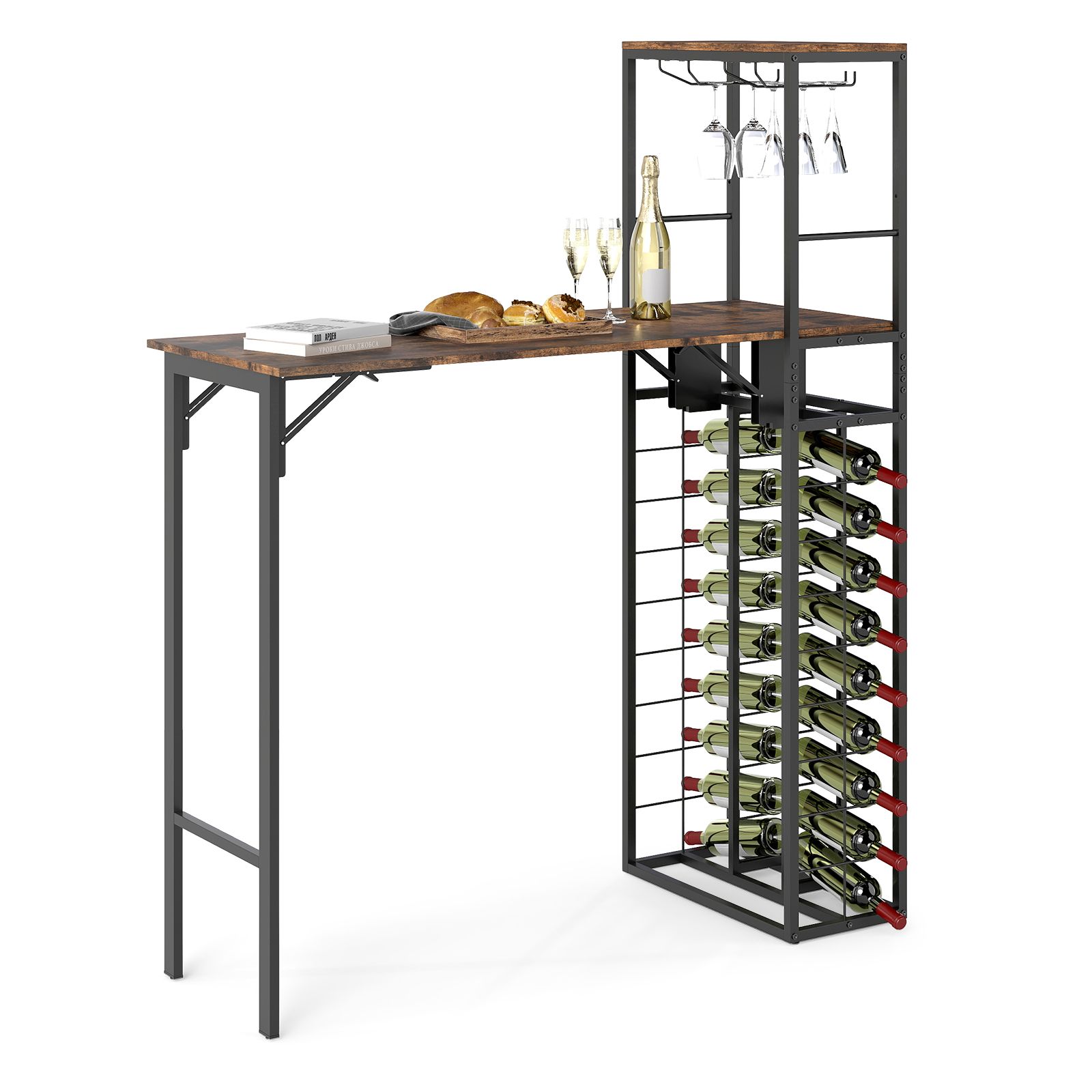 Costway Bar Table Tall Kitchen Island Table with Foldable Tabletop in Brown