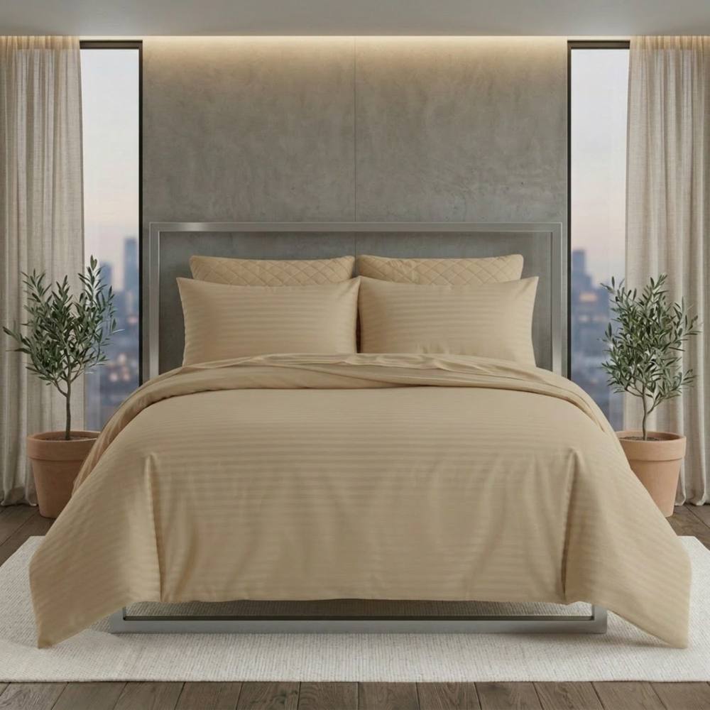 Snug City Luxury Satin Stripe Duvet Cover Set T250 Cotton Rich Soft Bed Linen in Beige