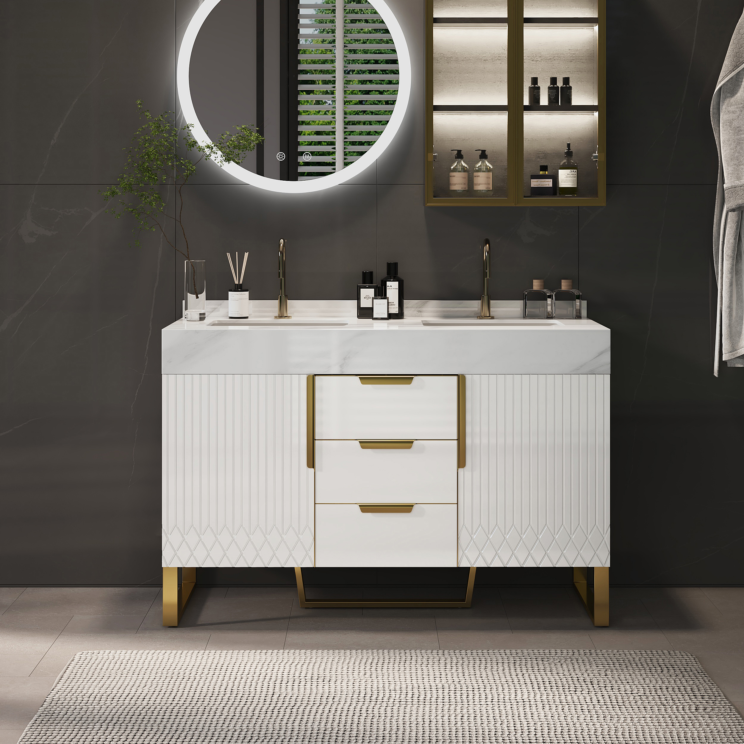 120 cm Bathroom Vanity Freestanding Cultured Marble Top with Double Sink Drawers & Doors White