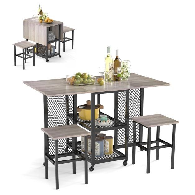 Costway Drop Leaf Bar Table Set 3 Piece Folding Dining Table Set w/2 Stools in Grey