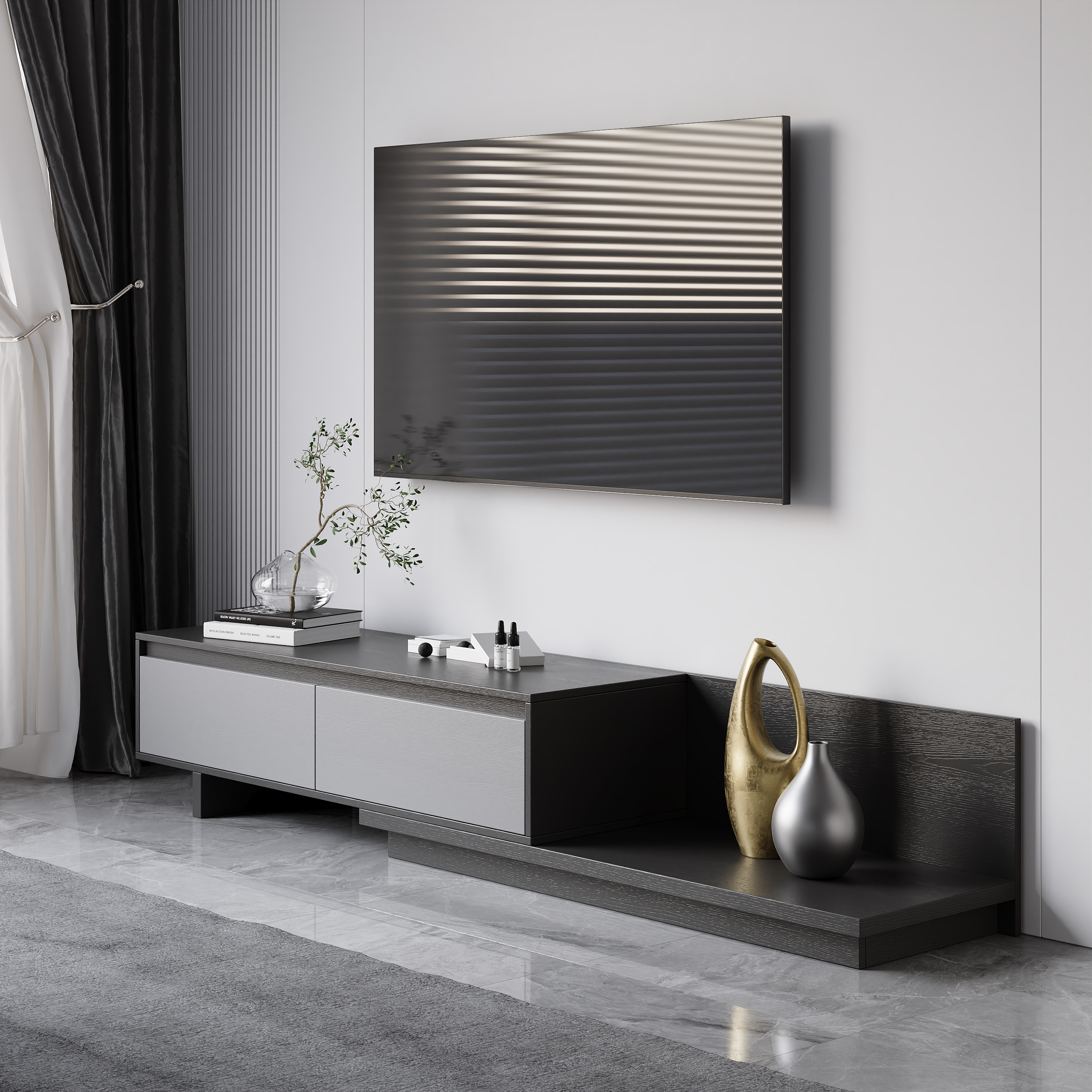 Fero Grey Extendable TV Stand with 2 Drawers(120 - 200 cm)