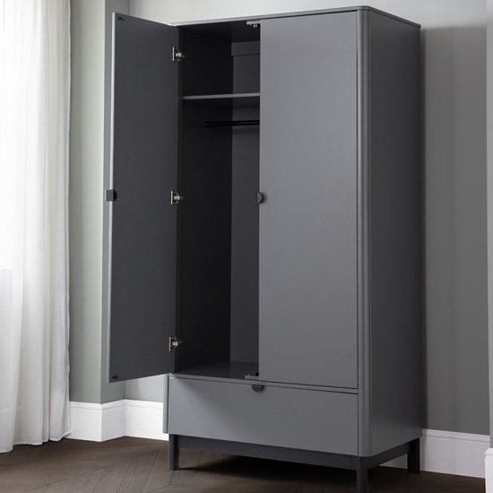 Chloe Wooden Wardrobe in Strom Grey With 2 Doors And 1 Drawer
