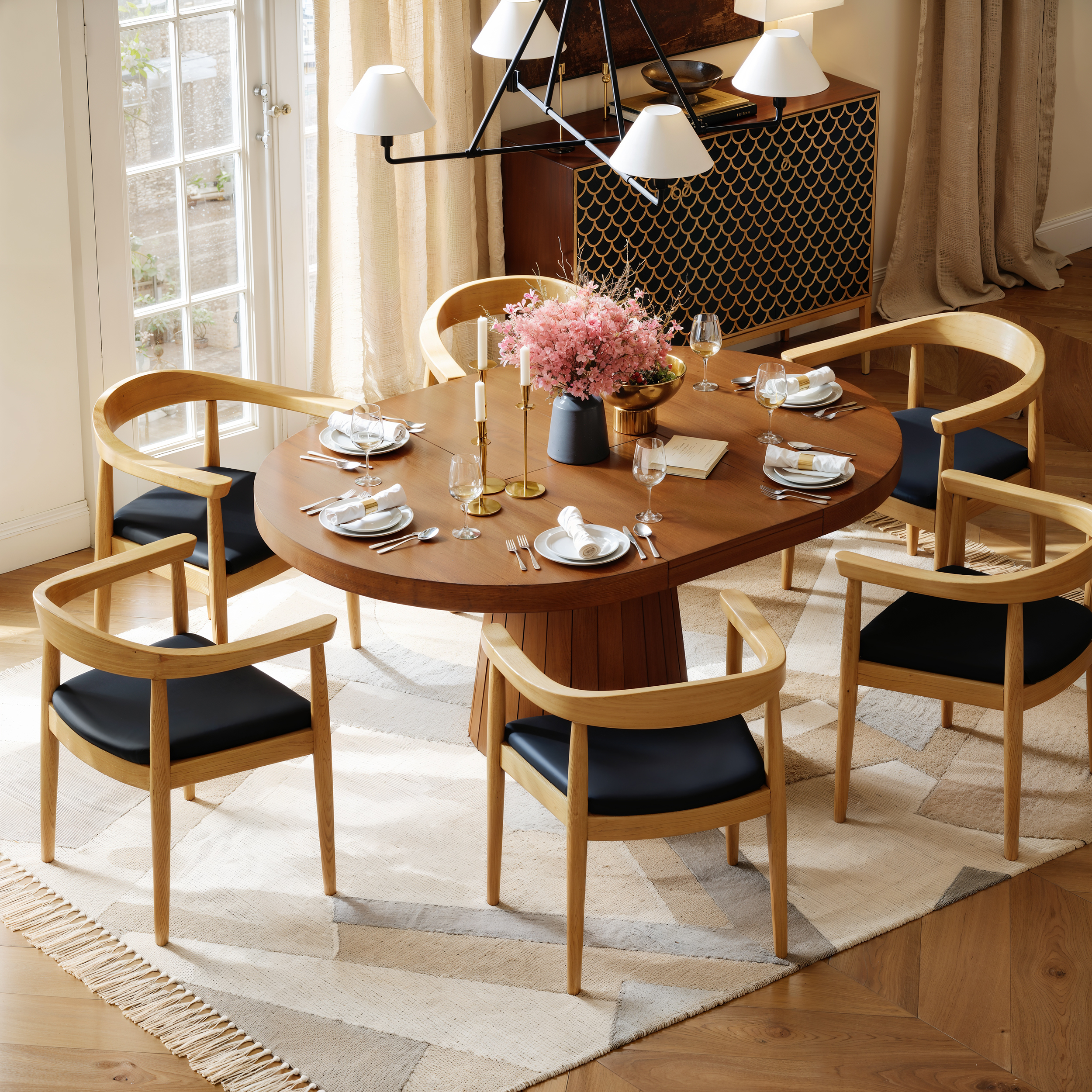Extendable Dining Table Set 39"-55" Japandi Dining Table & 6 Wood Dining Chairs