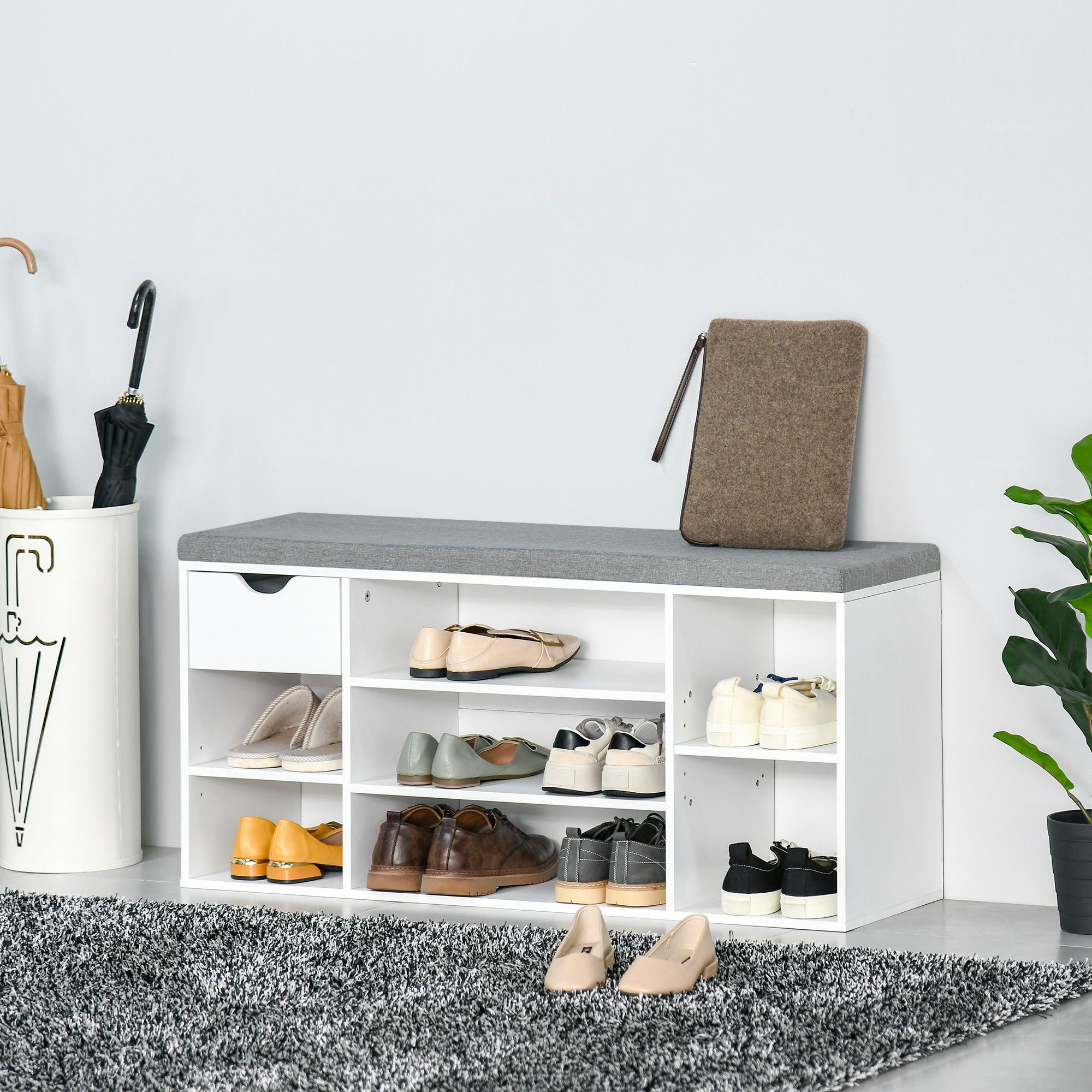 HOMCOM Shoe Storage Bench with Cushion 7 Compartments Adjustable Shelves in White