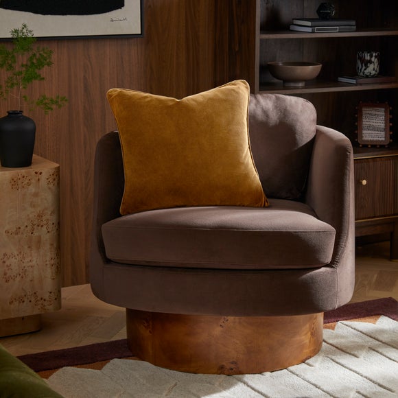 Tova Velvet Swivel Chair with Dark Burl Wood Effect Base