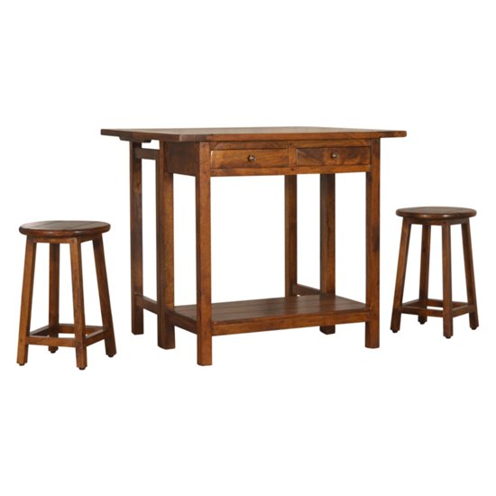 Tufa Wooden Bar Table Set In Chestnut With 2 Stools