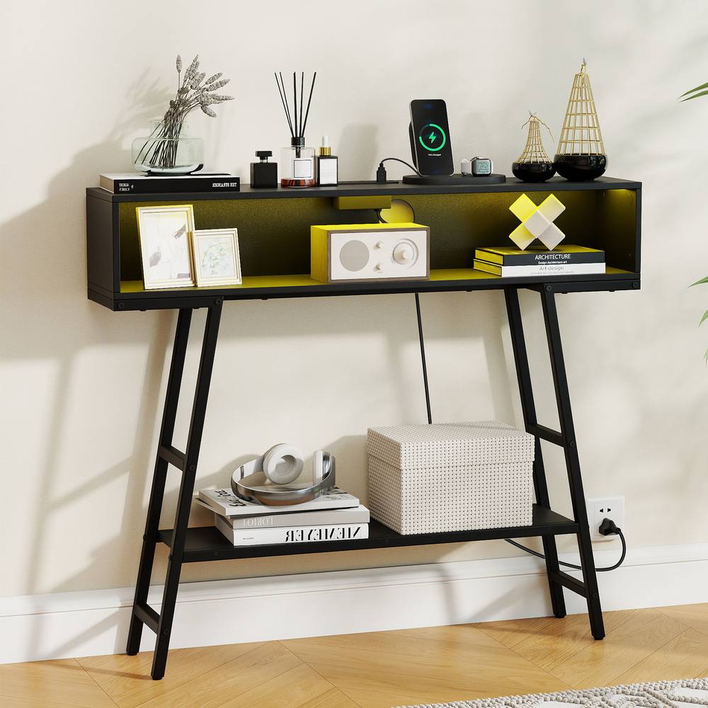 Costway 3-Tier Console Table Entryway Table Narrow Sofa Table w/ LED Light in Black