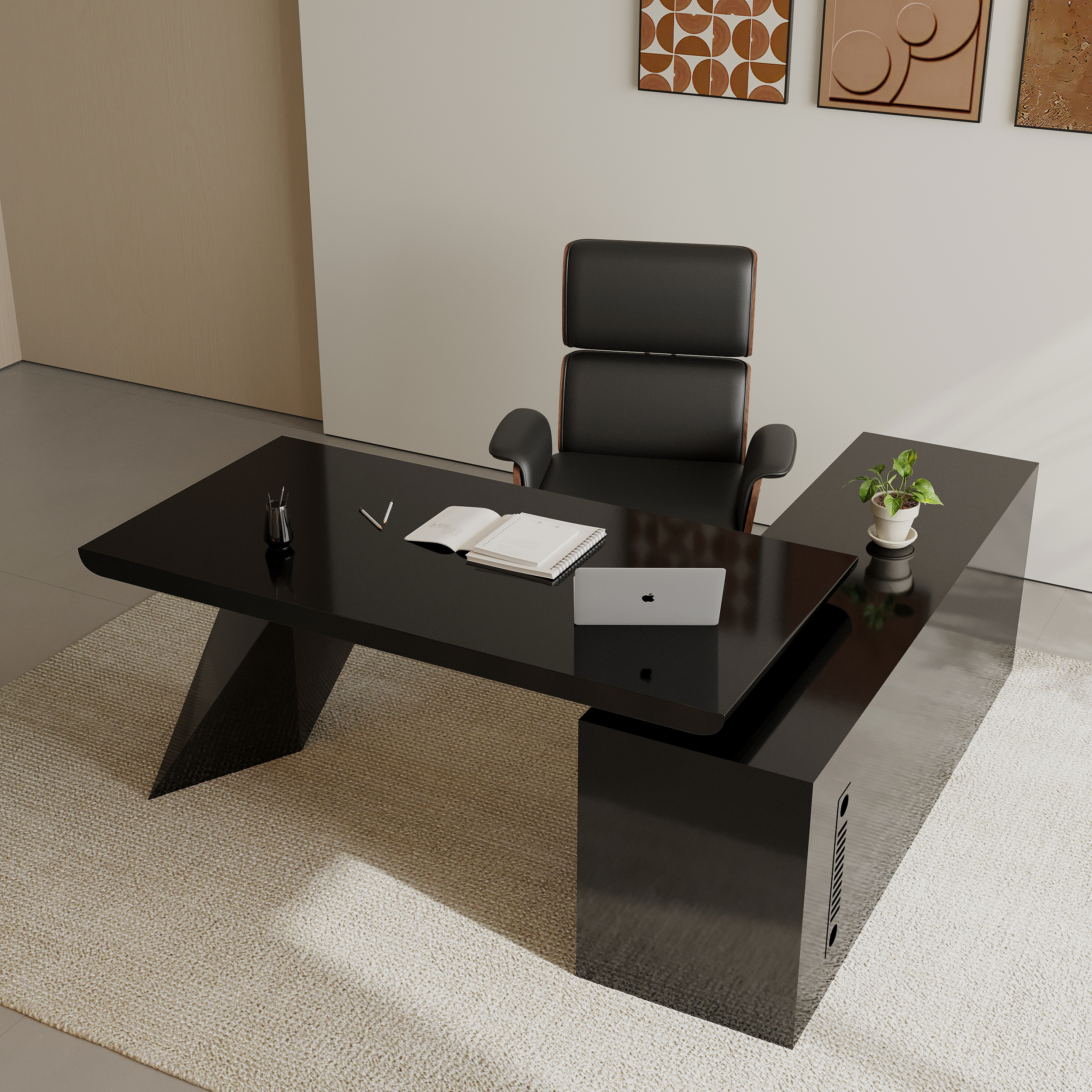 Set Black L-Shape Executive Desk Left Hand Reclining Leather Office Desk Chair (1800mm)