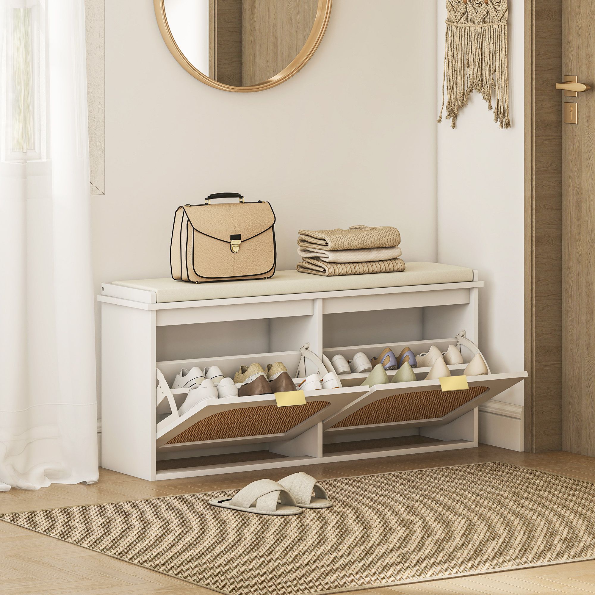 HOMCOM Boho Shoe Bench with Padded Seat & 2 Flip-Drawers in White