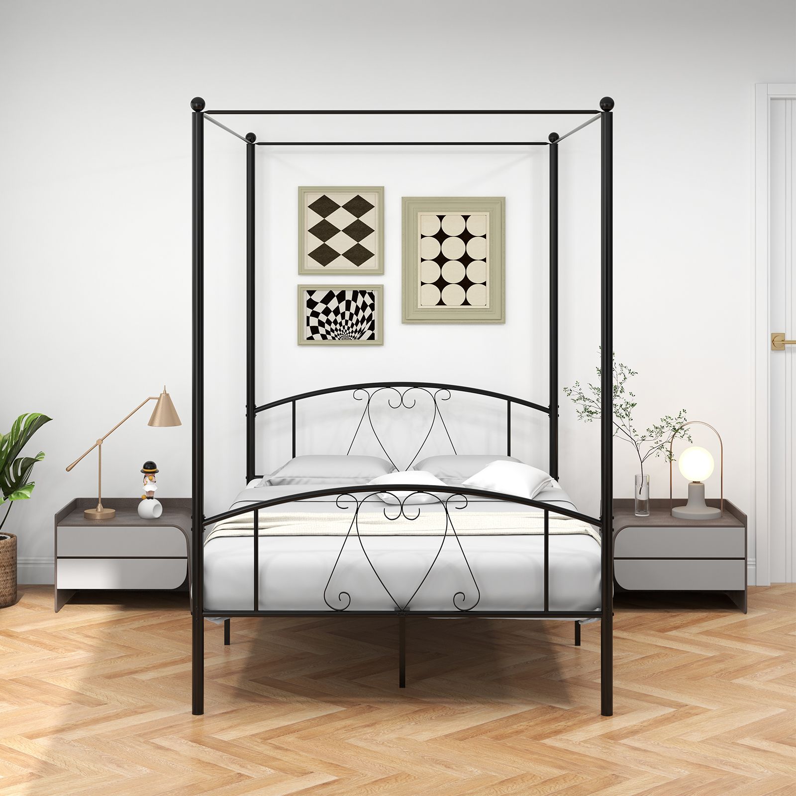 Costway Double Size Metal Canopy Bed Frame 4-Poster Modern Platform Wooden Slat Support in Black