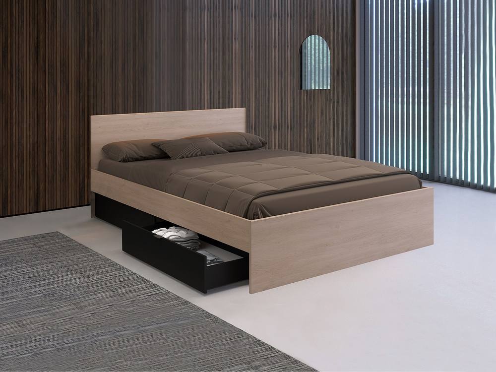Vente-unique Bed With 2 Drawers & Bed Base - 160 X 200 Cm - Natural & Black