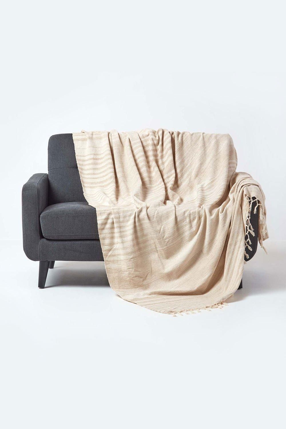 Homescapes Bed Sofa Throw Cotton Chenille Tie Dye in Beige