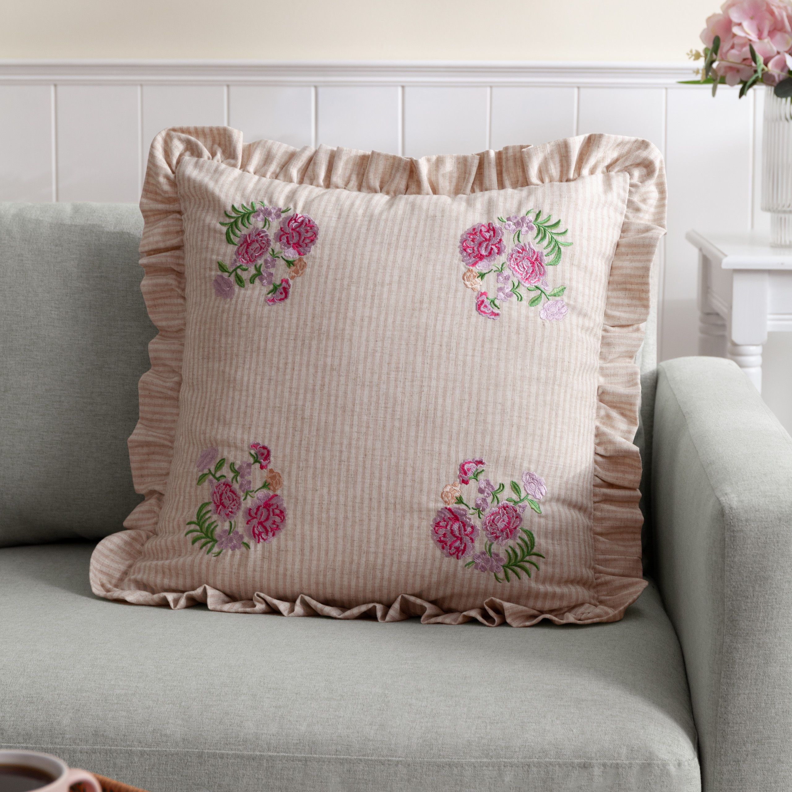 Wylder Martha Embroidered Ruffle Cushion in Pink