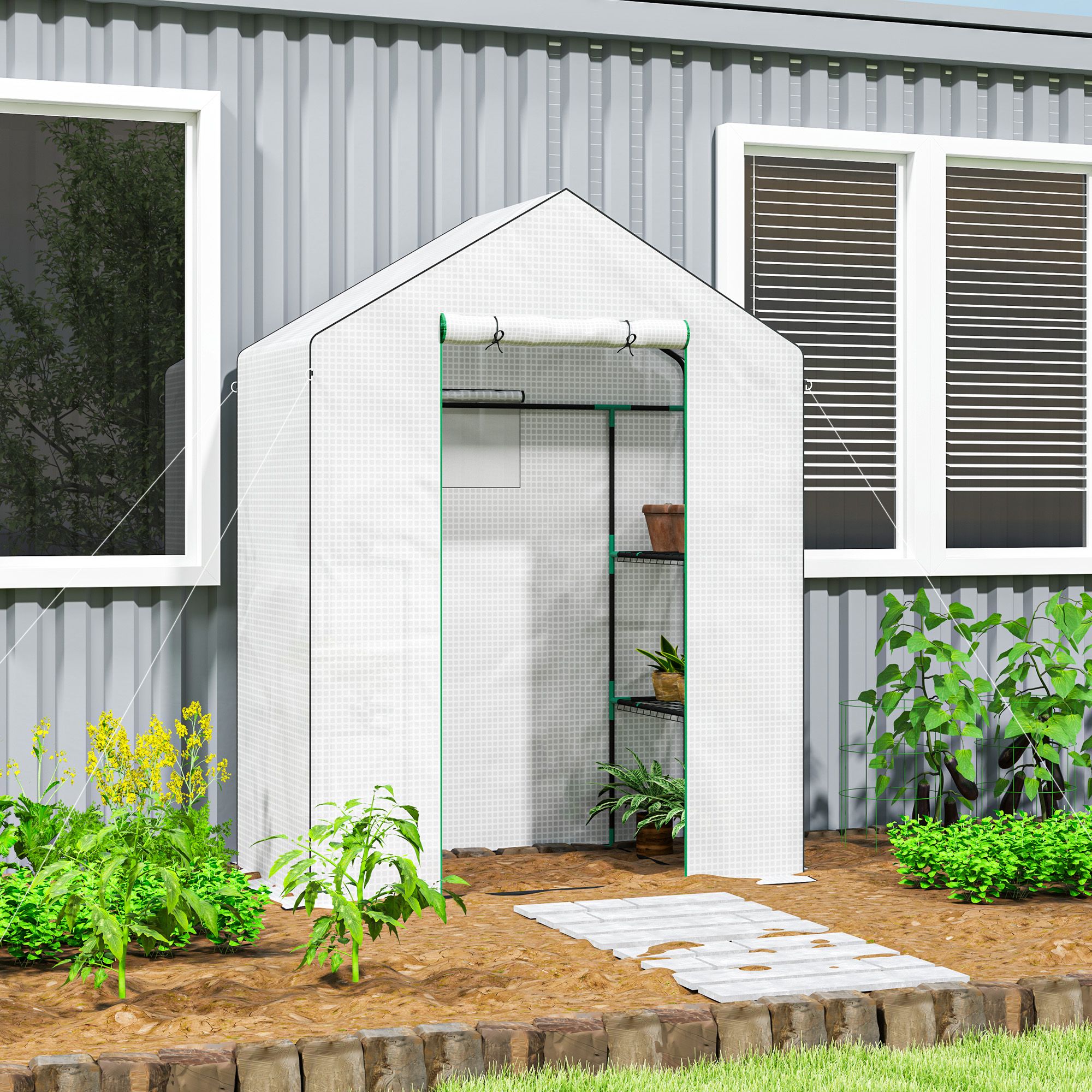 OUTSUNNY Walk-in Greenhouse with 4 Shelves, Outdoor Small Greenhouse, White