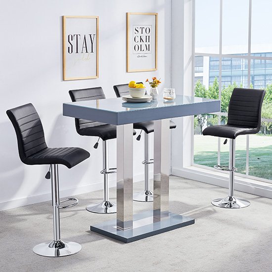 Caprice Glass Bar Table In Grey Gloss With 4 Black Ripple Stools