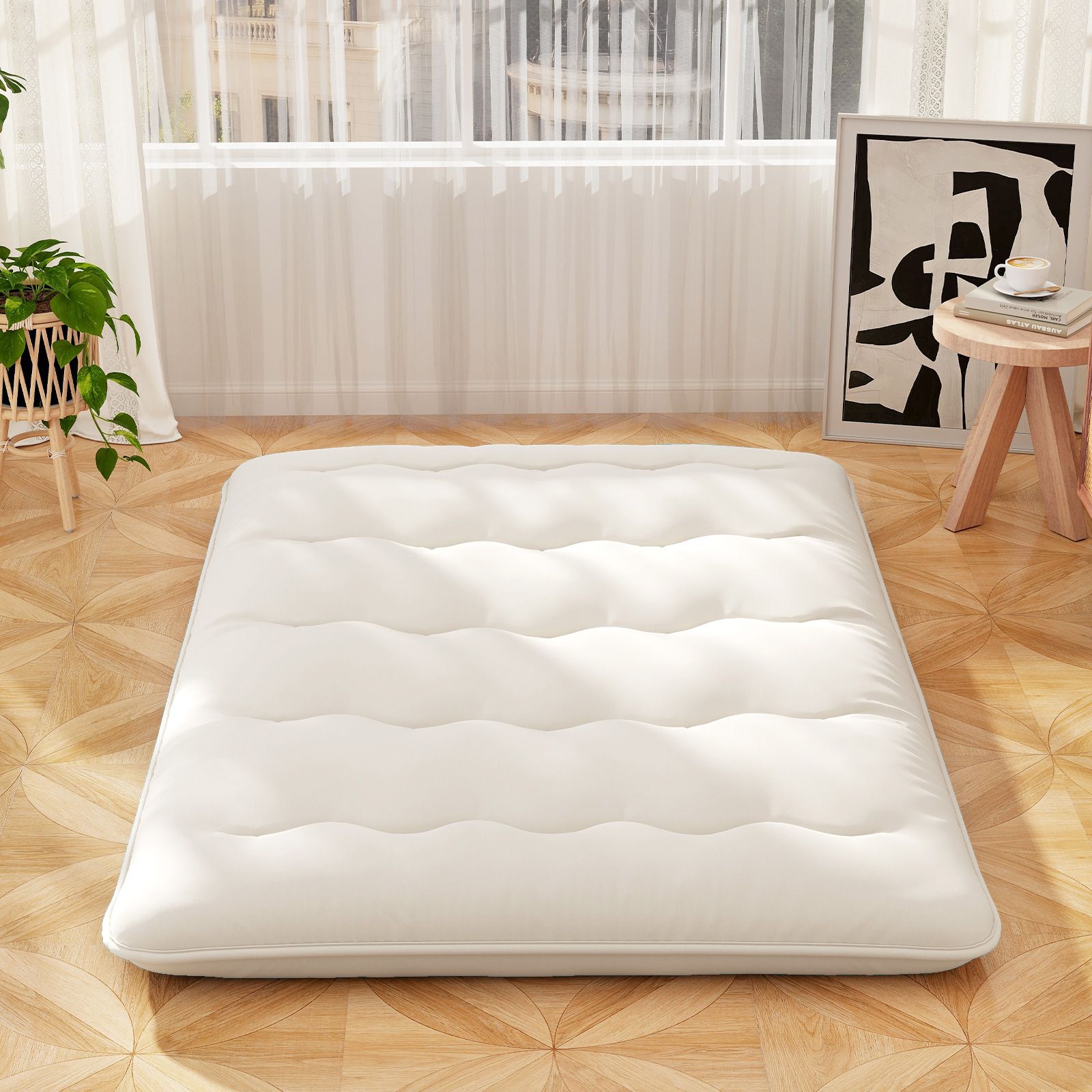 Costway Foldable Tatami Mat Floor Futon Mattress Roll up Sleeping Pad with Washable Cover, Small Double/Double/King Size in Beige