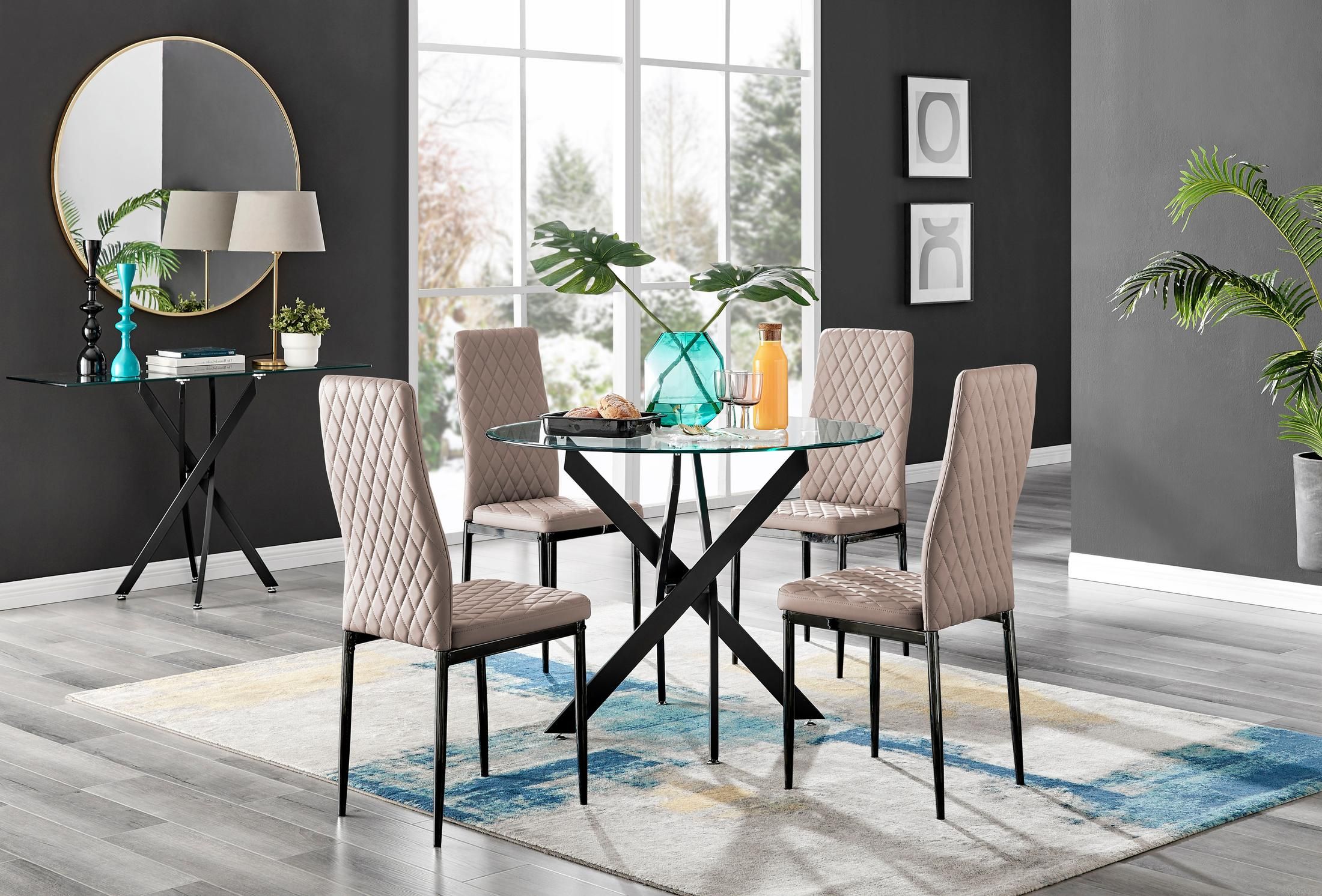 FurnitureboxUK Novara 4 Seater Black Leg Round Glass Dining Table & 4 Milan Faux Leather Black Leg Chairs in Beige