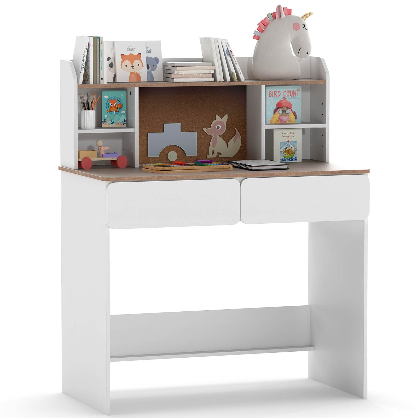 Costway Study Desk Student Writing Table w/ Cork Bulletin Board in White