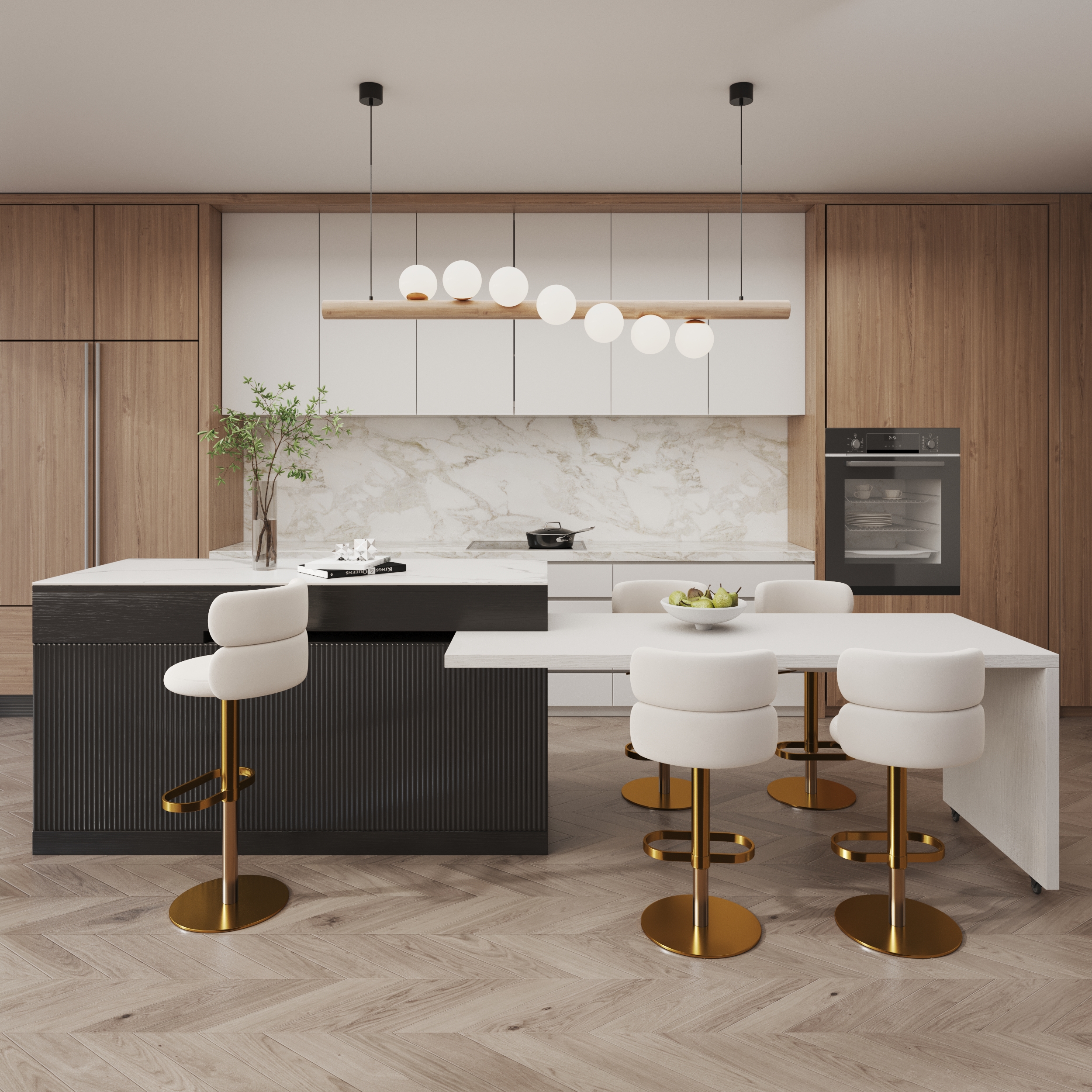 205 - 270 cm Kitchen lsland Extendable Marble Veneered Top Black & White  Modern with Doors & Drawers