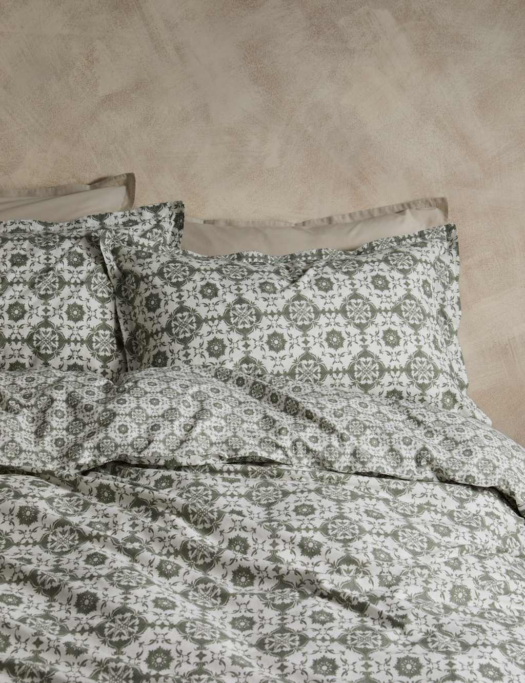 M&S X Fired Earth Washed Cotton Isabelle Printed Bedding Set Weald Green