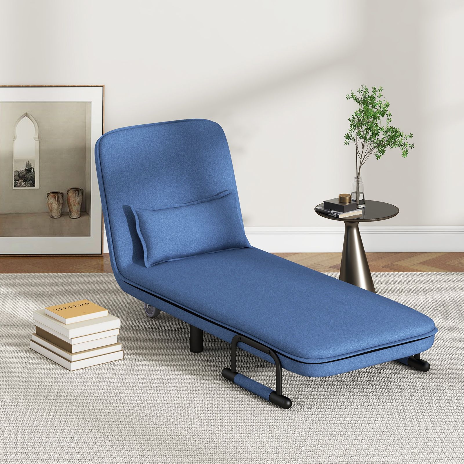 Costway Single Folding Sofa Bed Chair Modern Fabric Sleep Function Holder With Pillow in Blue