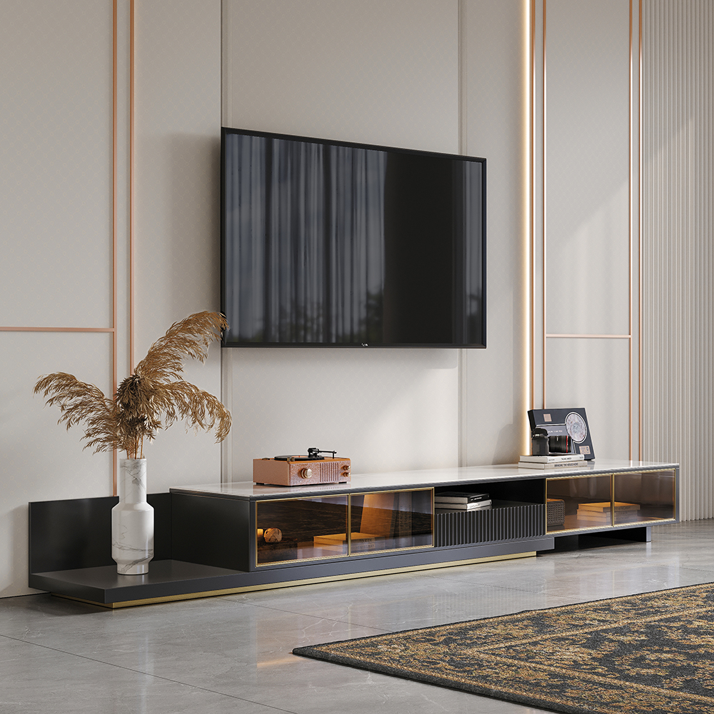 2800mm Black Modern Extendable TV Stand Glass Door Media Console with LED Light & Drawer