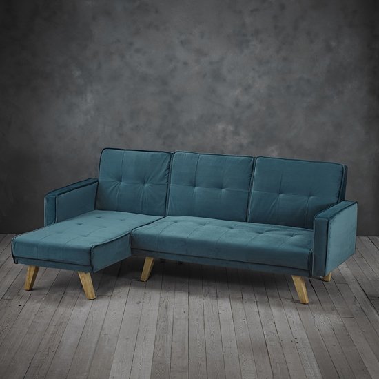 Cornis Corner Sofa Bed In Teal Fabric With Wooden Legs