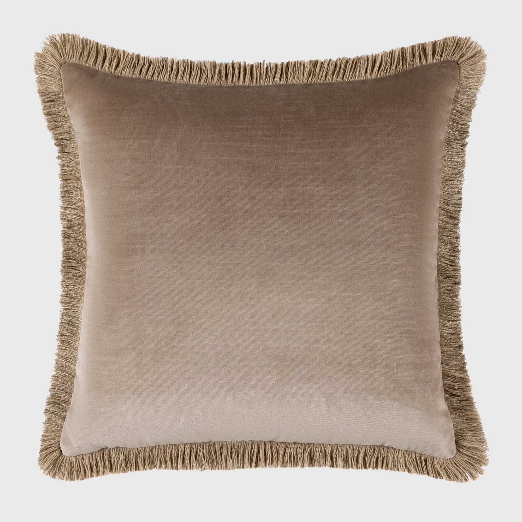 Fringed Velvet Taupe Cushion, Square Polyester | Barker & Stonehouse
