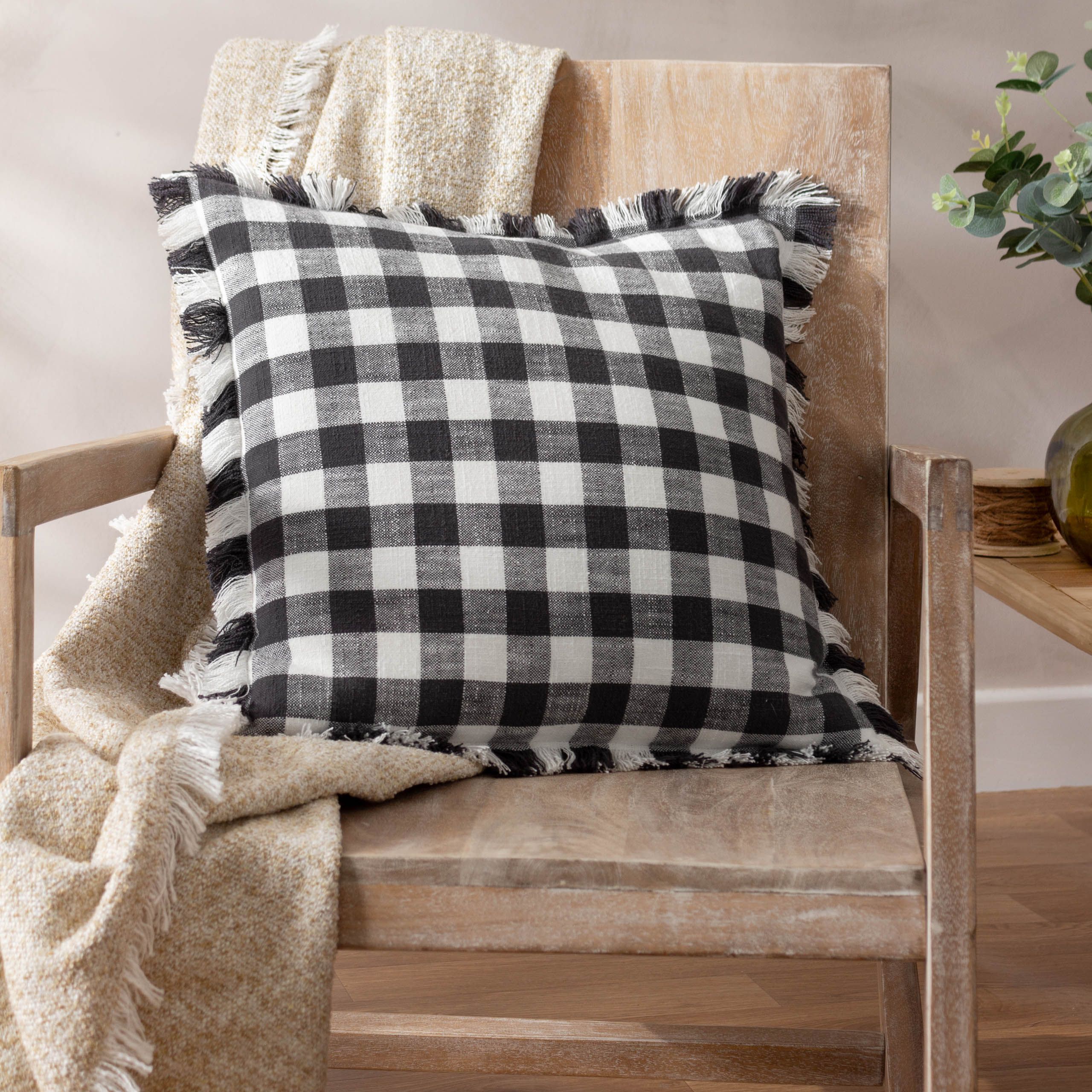 Yard Barton Check Fringed 100% Cotton Cushion in Black