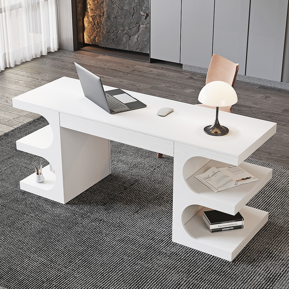 Modern White Writing Desk Office Desk with 1 Drawer & 4 Open Shelves Office Furniture (160 cm)